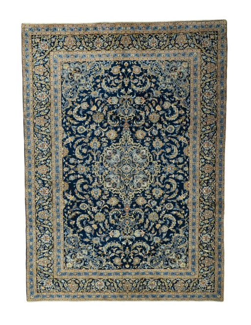 Full view of 2000s Kashan rug from Iran / Persia, 407 × 297 cm in Blue tones