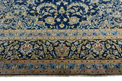 Full view of 2000s Kashan rug from Iran / Persia, 407 × 297 cm in Blue tones