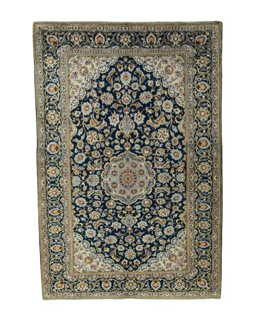 Full view of 1970s Kashan rug from Iran / Persia, 220 × 148 cm in Blue tones