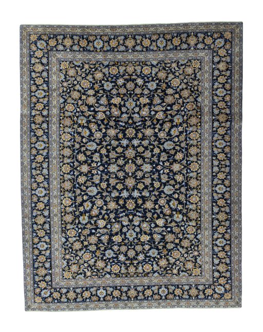 Full view of 2000s Kashan rug from Iran / Persia, 402 × 314 cm in Blue tones