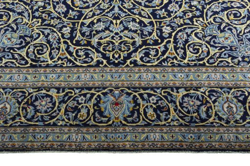 Full view of 2000s Kashan rug from Iran / Persia, 386 × 290 cm in Blue tones