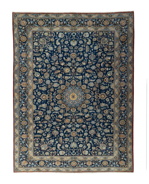 Full view of 2000s Kashan rug from Iran / Persia, 400 × 305 cm in Blue tones