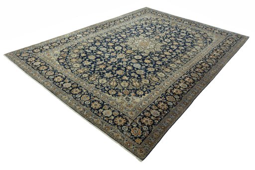 Corner detail of 2000s Kashan rug showing border pattern and Wool pile
