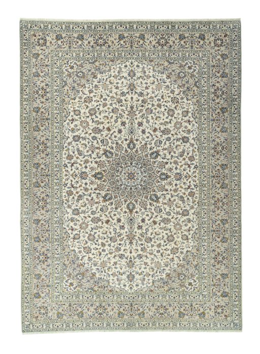 Full view of 2000s Kashan rug from Iran / Persia, 411 × 295 cm in Beige tones