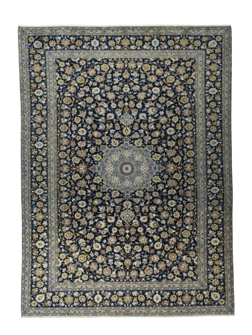 Full view of 2000s Kashan rug from Iran / Persia, 425 × 311 cm in Blue tones