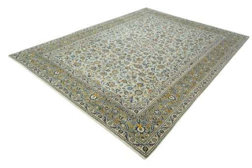 Corner detail of 2000s Kashan rug showing border pattern and Wool pile