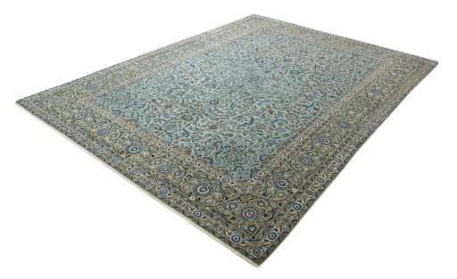 Corner detail of 2000s Kashan rug showing border pattern and Wool pile