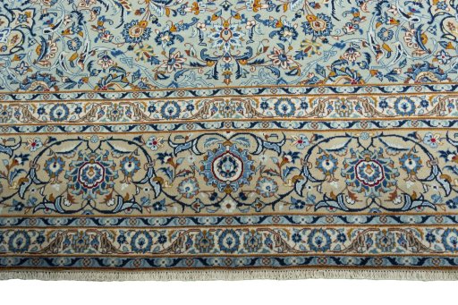 Full view of 2000s Kashan rug from Iran / Persia, 425 × 310 cm in Blue tones