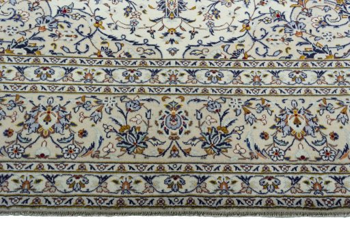Full view of 2000s Kashan rug from Iran / Persia, 420 × 298 cm in Beige tones