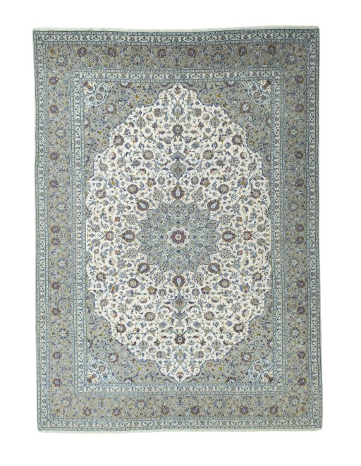 Full view of 2000s Kashan rug from Iran / Persia, 413 × 295 cm in Beige tones
