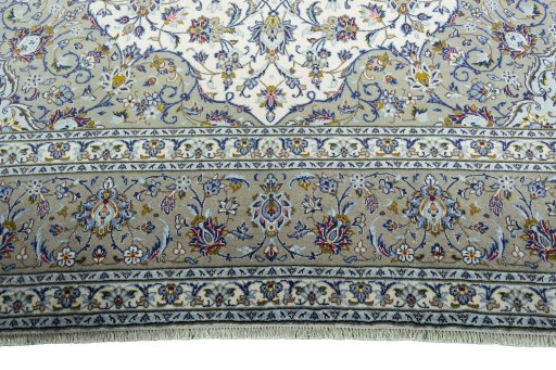 Full view of 2000s Kashan rug from Iran / Persia, 413 × 295 cm in Beige tones