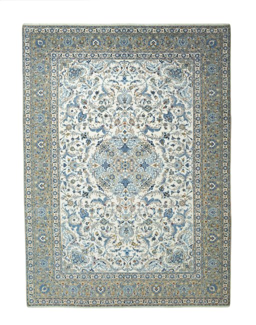 Full view of 2000s Kashan rug from Iran / Persia, 435 × 322 cm in Beige tones