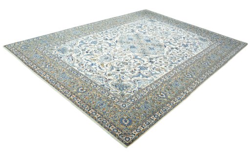 Corner detail of 2000s Kashan rug showing border pattern and Wool pile