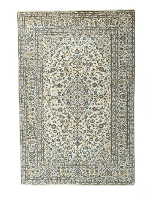 Full view of 2000s Kashan rug from Iran / Persia, 363 × 244 cm in Beige tones