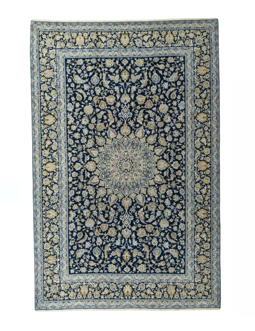 Full view of 2000s Kashan rug from Iran / Persia, 380 × 249 cm in Blue tones