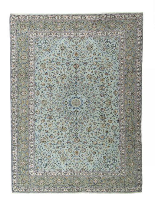 Full view of 2000s Kashan rug from Iran / Persia, 415 × 307 cm in Blue tones