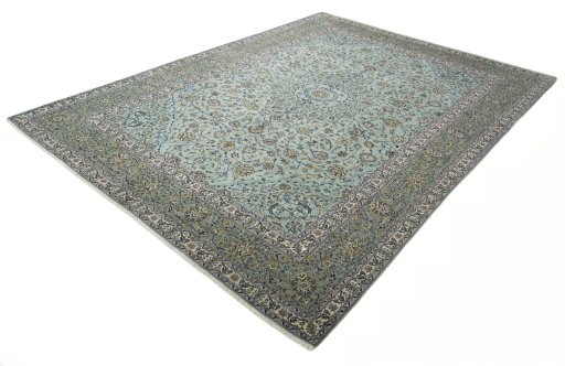 Corner detail of 2000s Kashan rug showing border pattern and Wool pile