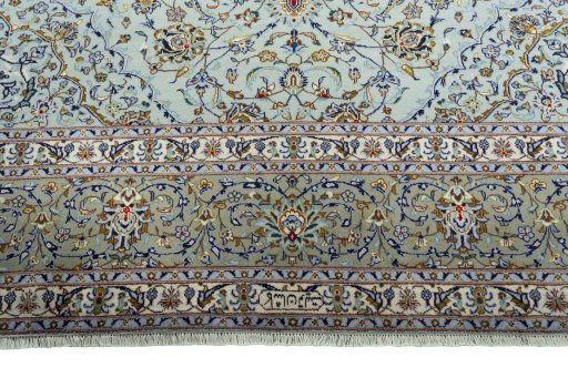 Full view of 2000s Kashan rug from Iran / Persia, 415 × 307 cm in Blue tones
