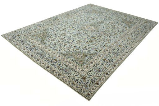 Corner detail of 2000s Kashan rug showing border pattern and Wool pile
