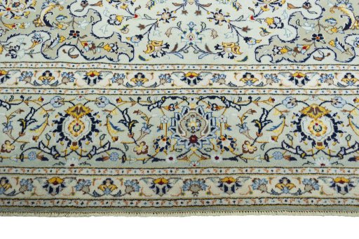 Full view of 2000s Kashan rug from Iran / Persia, 408 × 302 cm in Green tones