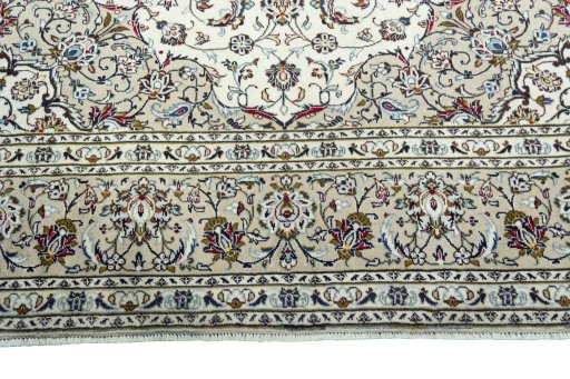 Full view of 2000s Kashan rug from Iran / Persia, 348 × 240 cm in Beige tones