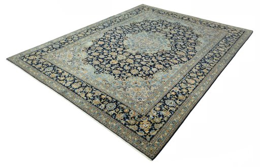 Corner detail of 2000s Kashan rug showing border pattern and Wool pile