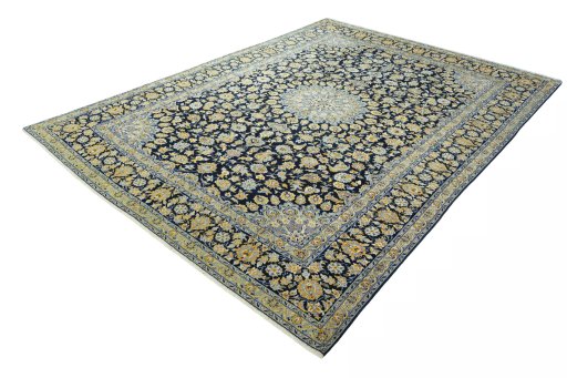 Corner detail of 2000s Kashan rug showing border pattern and Wool pile