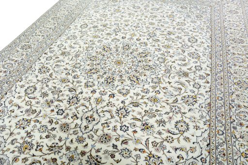 Backside of handmade New Kashan rug showing knot structure and weave density