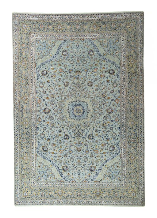 Full view of 2000s Kashan rug from Iran / Persia, 428 × 295 cm in Blue tones