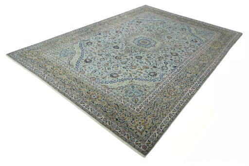 Corner detail of 2000s Kashan rug showing border pattern and Wool pile