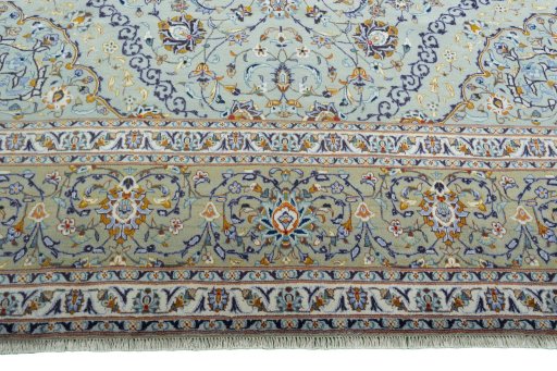 Full view of 2000s Kashan rug from Iran / Persia, 428 × 295 cm in Blue tones