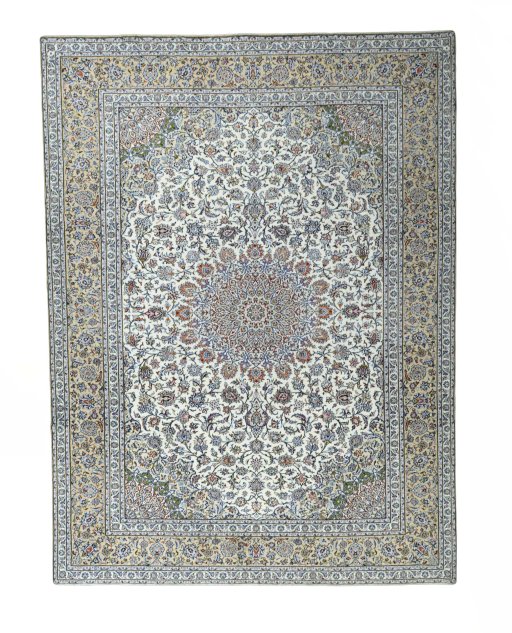 Full view of 2000s Kashan rug from Iran / Persia, 400 × 295 cm in Beige tones