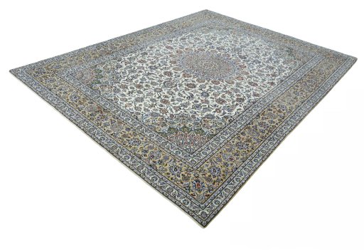 Corner detail of 2000s Kashan rug showing border pattern and Wool pile