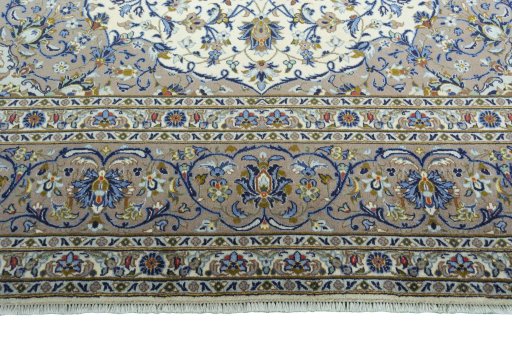 Full view of 2000s Kashan rug from Iran / Persia, 410 × 292 cm in Beige tones
