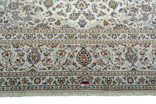 Full view of 2000s Kashan rug from Iran / Persia, 404 × 290 cm in Beige tones