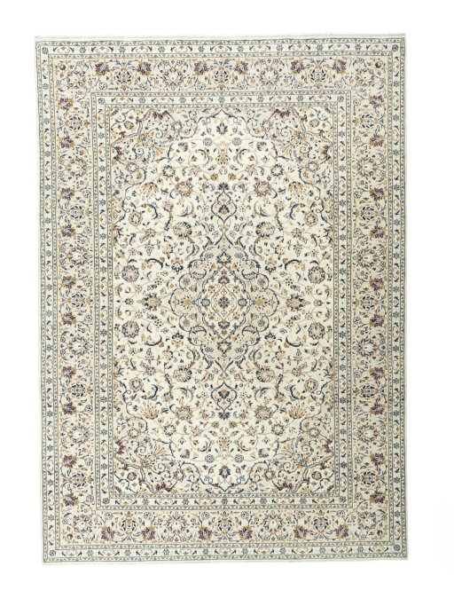 Full view of 2000s Kashan rug from Iran / Persia, 351 × 248 cm in Beige tones
