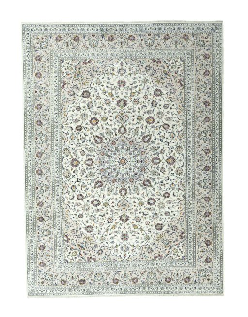 Full view of 2000s Kashan rug from Iran / Persia, 342 × 253 cm in Beige tones