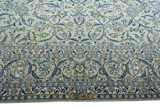 Full view of 2000s Kashan rug from Iran / Persia, 415 × 305 cm in Blue tones