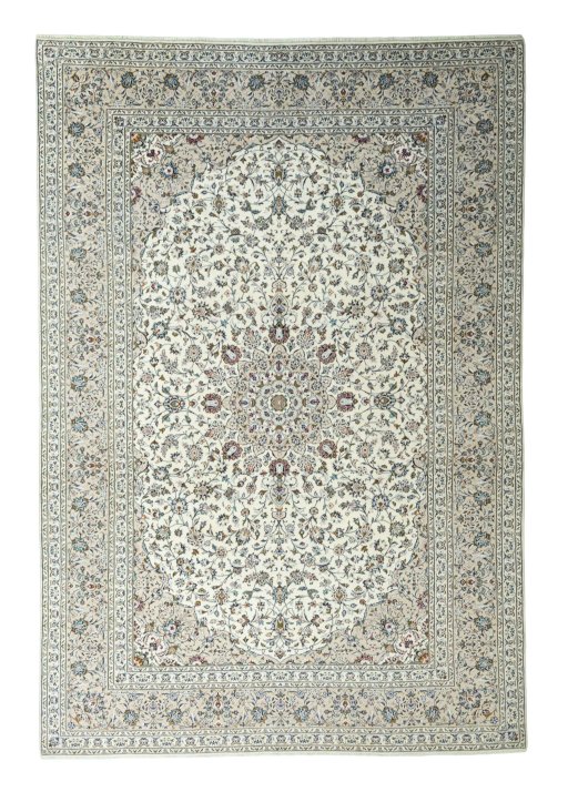Full view of 2000s Kashan rug from Iran / Persia, 426 × 292 cm in Beige tones