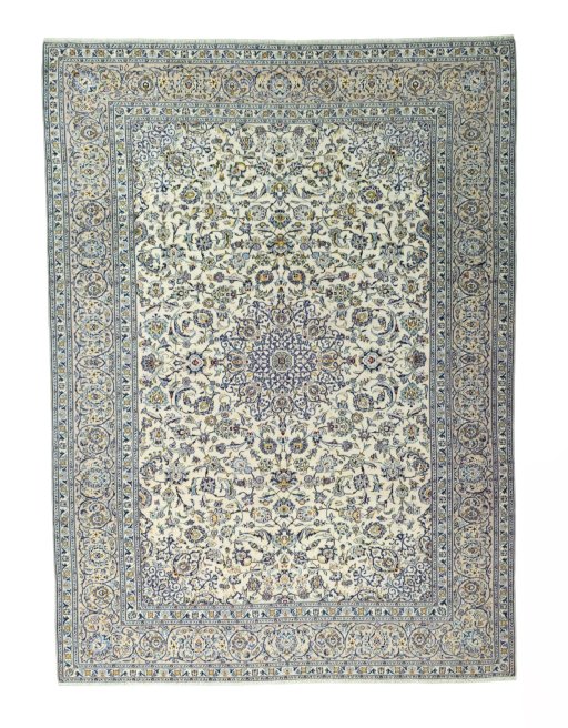 Full view of 2000s Kashan rug from Iran / Persia, 394 × 290 cm in Beige tones