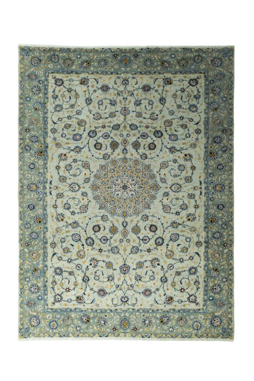 Full view of 2000s Kashan rug from Iran / Persia, 405 × 306 cm in Green tones