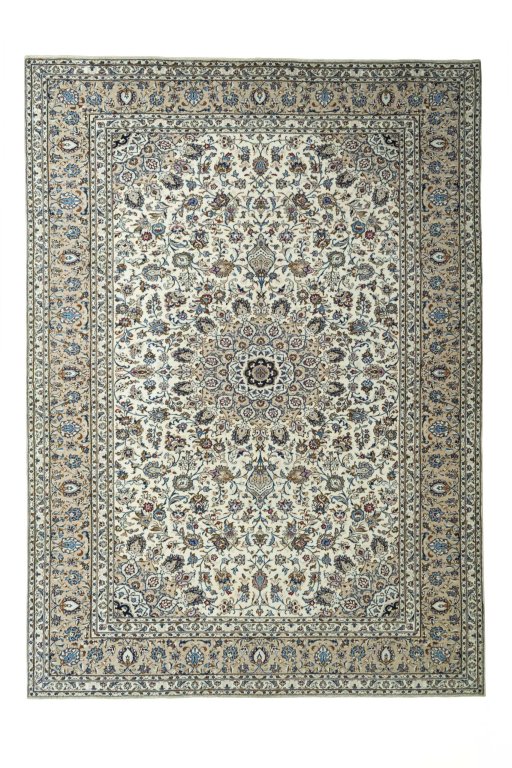 Full view of 2000s Kashan rug from Iran / Persia, 417 × 300 cm in Beige tones
