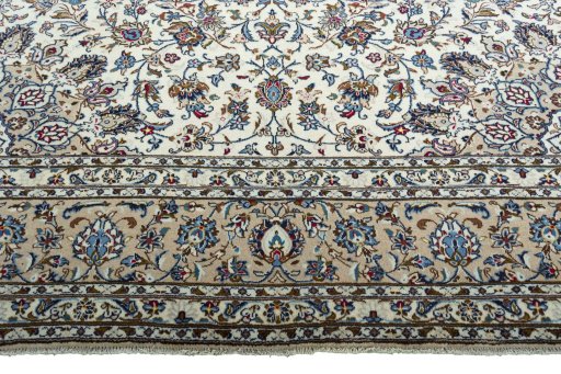 Full view of 2000s Kashan rug from Iran / Persia, 417 × 300 cm in Beige tones