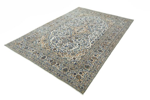 Corner detail of 2000s Kashan rug showing border pattern and Wool pile