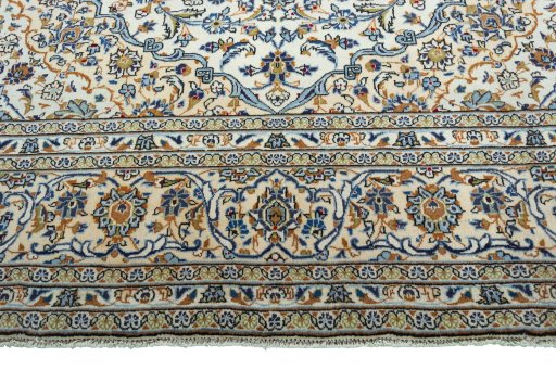 Full view of 2000s Kashan rug from Iran / Persia, 352 × 243 cm in Beige tones