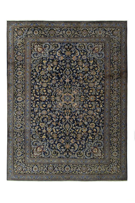 Full view of 2000s Kashan rug from Iran / Persia, 394 × 297 cm in Blue tones
