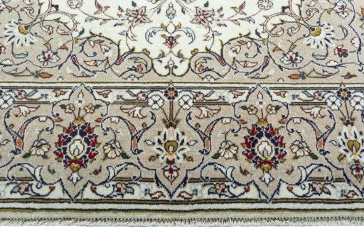 Full view of 2000s Kashan rug from Iran / Persia, 215 × 140 cm in Beige tones