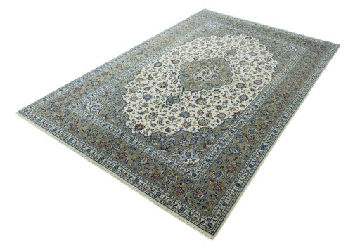 Corner detail of New Kashan rug showing border pattern and Cork pile