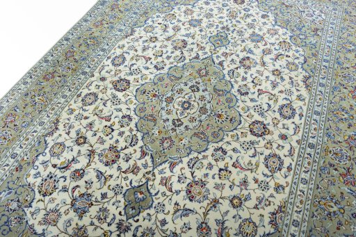 Backside of handmade New Kashan rug showing knot structure and weave density