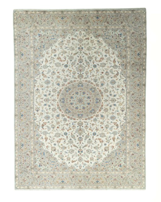 Full view of New Kashan rug from Iran / Persia, 406 × 297 cm in Beige tones